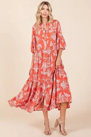 Slay That Dress Abstract Leaf Print Tiered Ruffle Dress