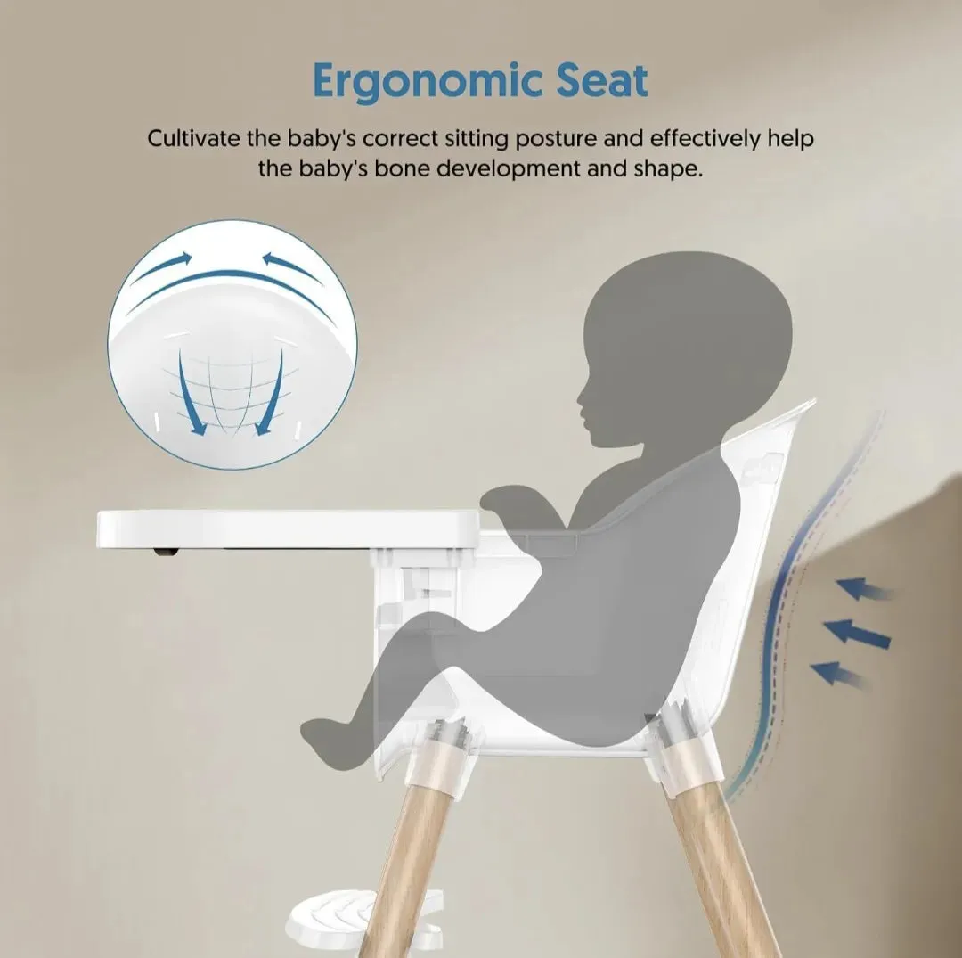 Sleek Easy-Clean & Ergonomic Baby High Chair | Removable Tray | 5 Pt Safety Harness | White