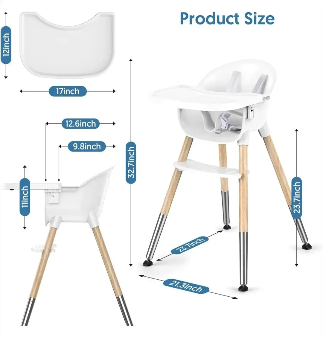 Sleek Easy-Clean & Ergonomic Baby High Chair | Removable Tray | 5 Pt Safety Harness | White