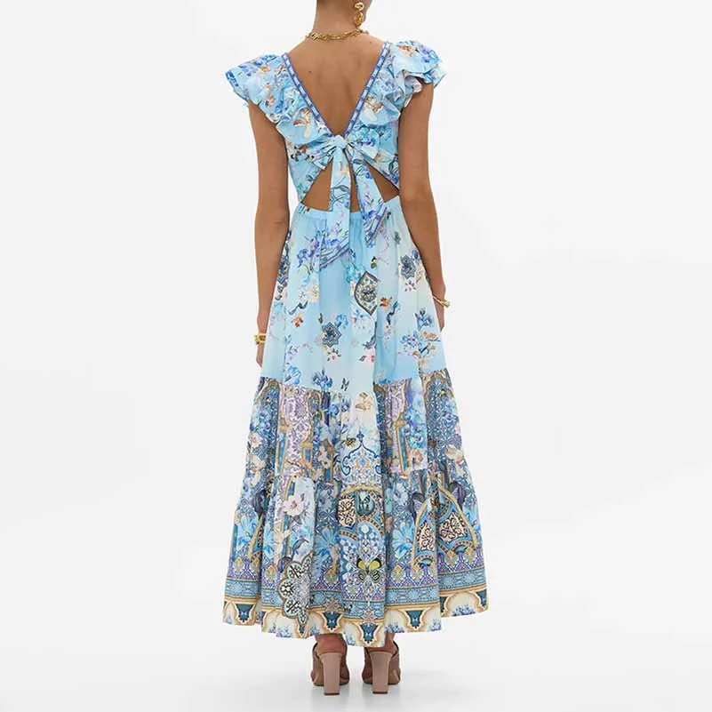 Sleeveless Blue Floral Dress Lace-Up Back Printing Midi Dress