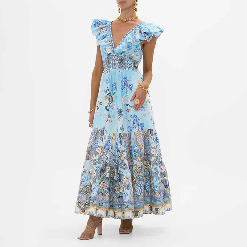 Sleeveless Blue Floral Dress Lace-Up Back Printing Midi Dress
