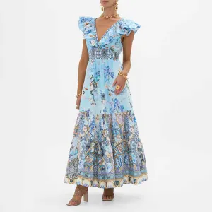 Sleeveless Blue Floral Dress Lace-Up Back Printing Midi Dress