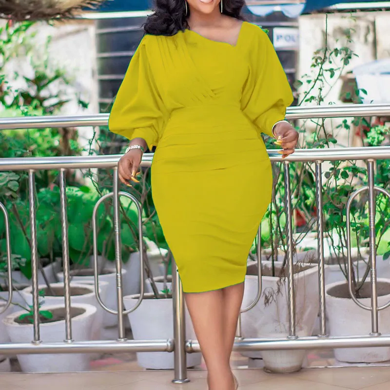 Solid Lantern Sleeve Ruched Midi Dress