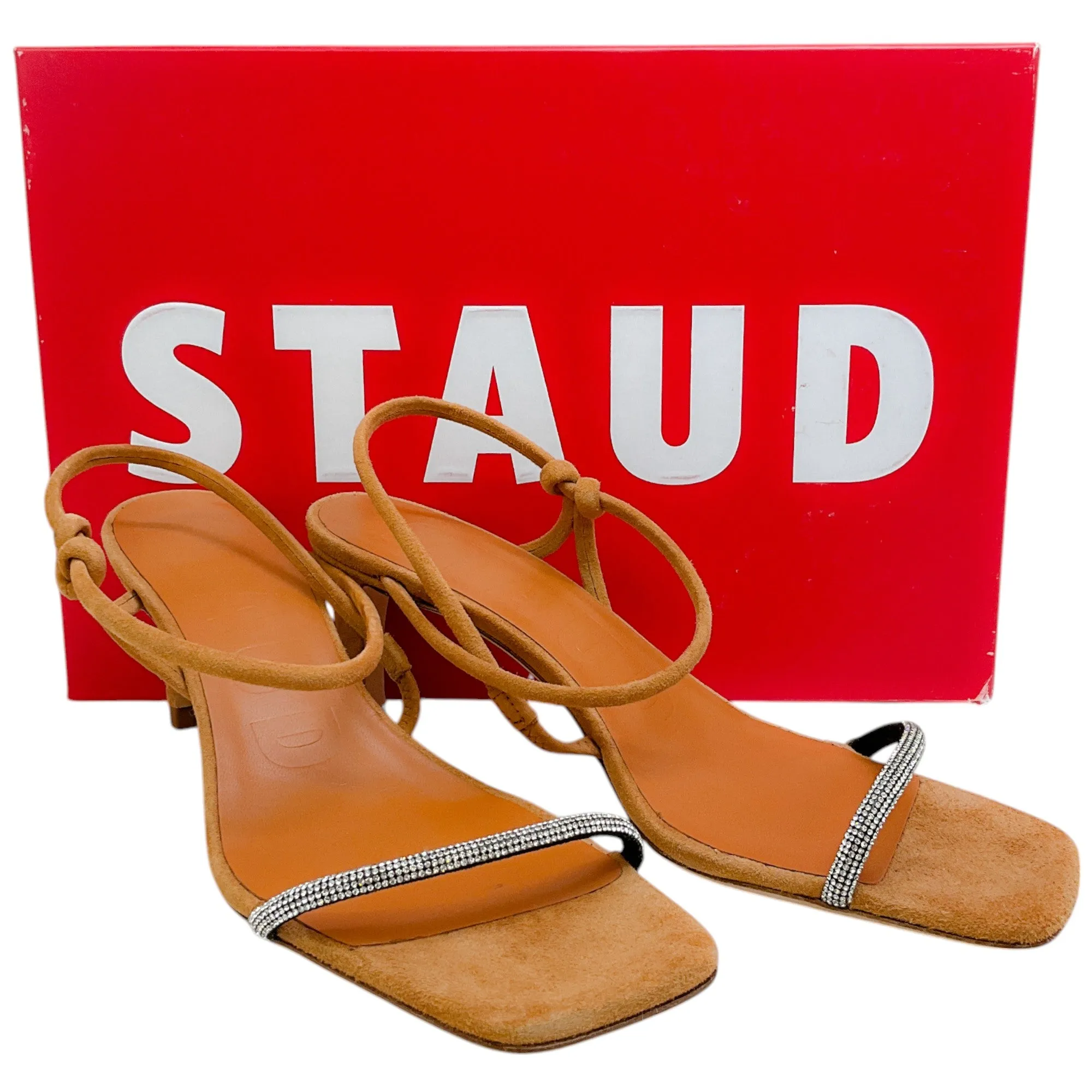 Staud Cashew Suede Laurel Crystal Heel Sandals