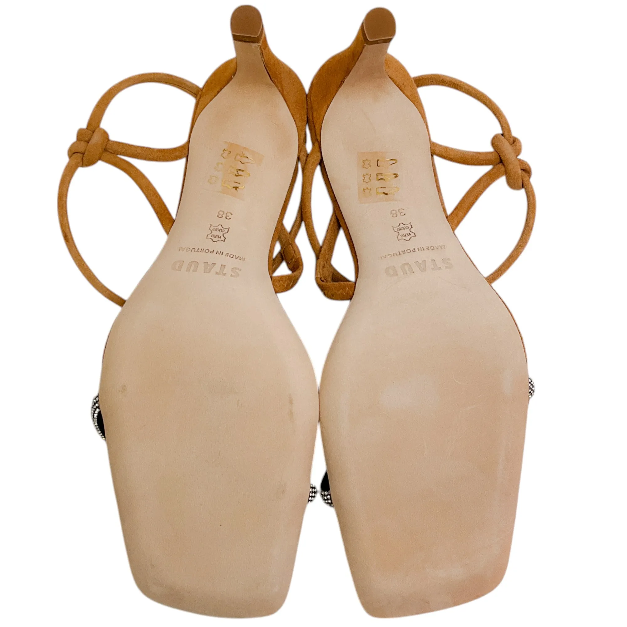 Staud Cashew Suede Laurel Crystal Heel Sandals