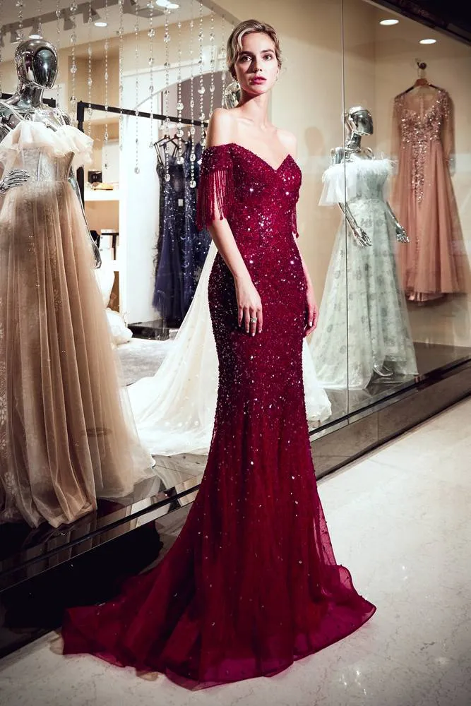 Tassel Cap Sleeves Mermaid Gold Formal Evening Gown with Sequins