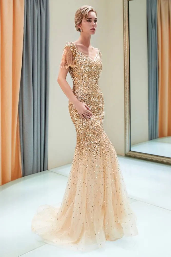 Tassel Cap Sleeves Mermaid Gold Formal Evening Gown with Sequins