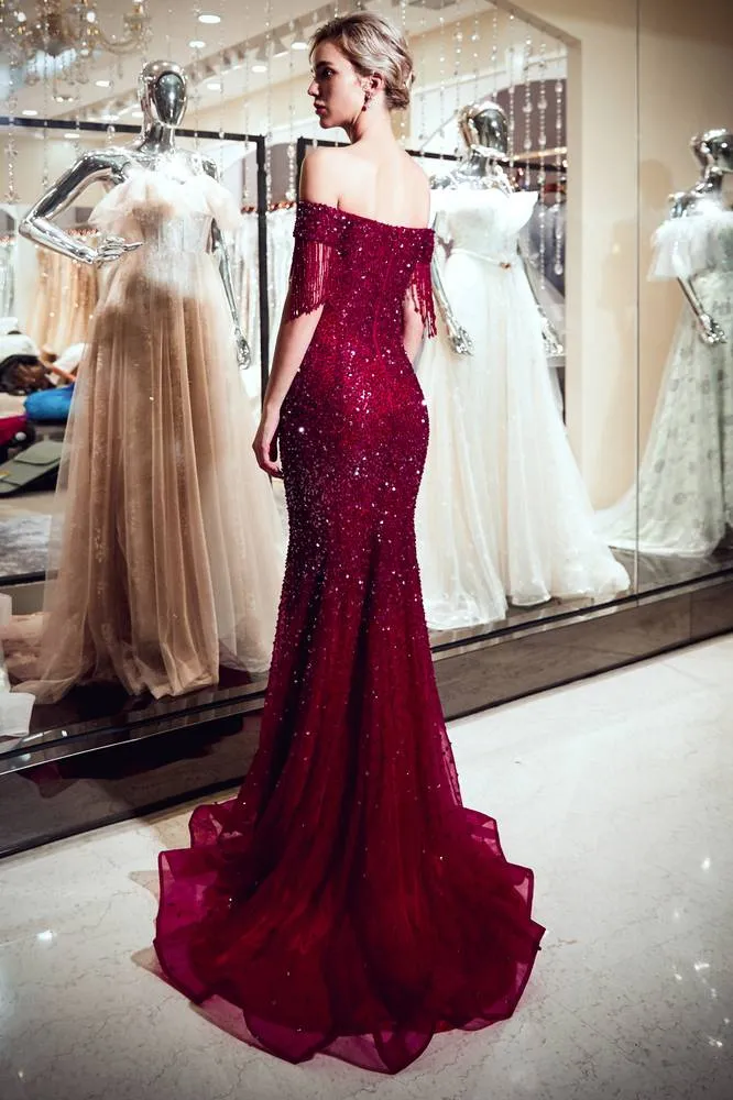 Tassel Cap Sleeves Mermaid Gold Formal Evening Gown with Sequins