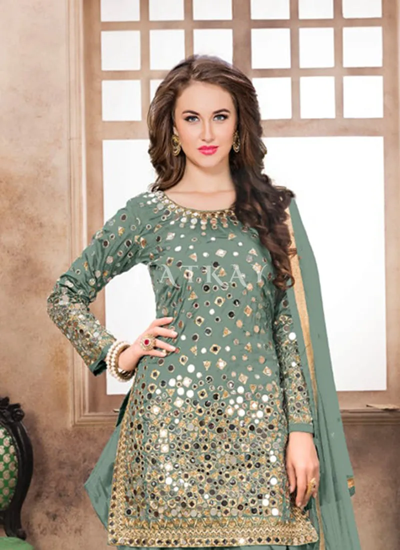 Teal Mirror Work Punjabi Suit