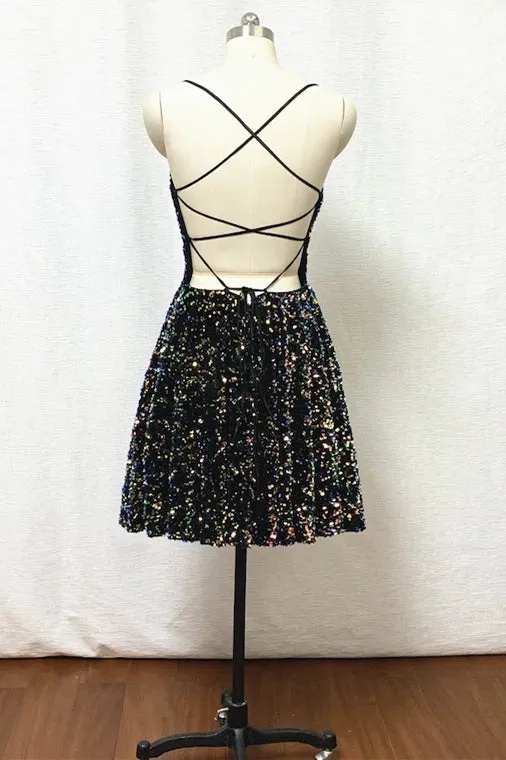 Tie Back Short Black Sequins Homecoming Dress
