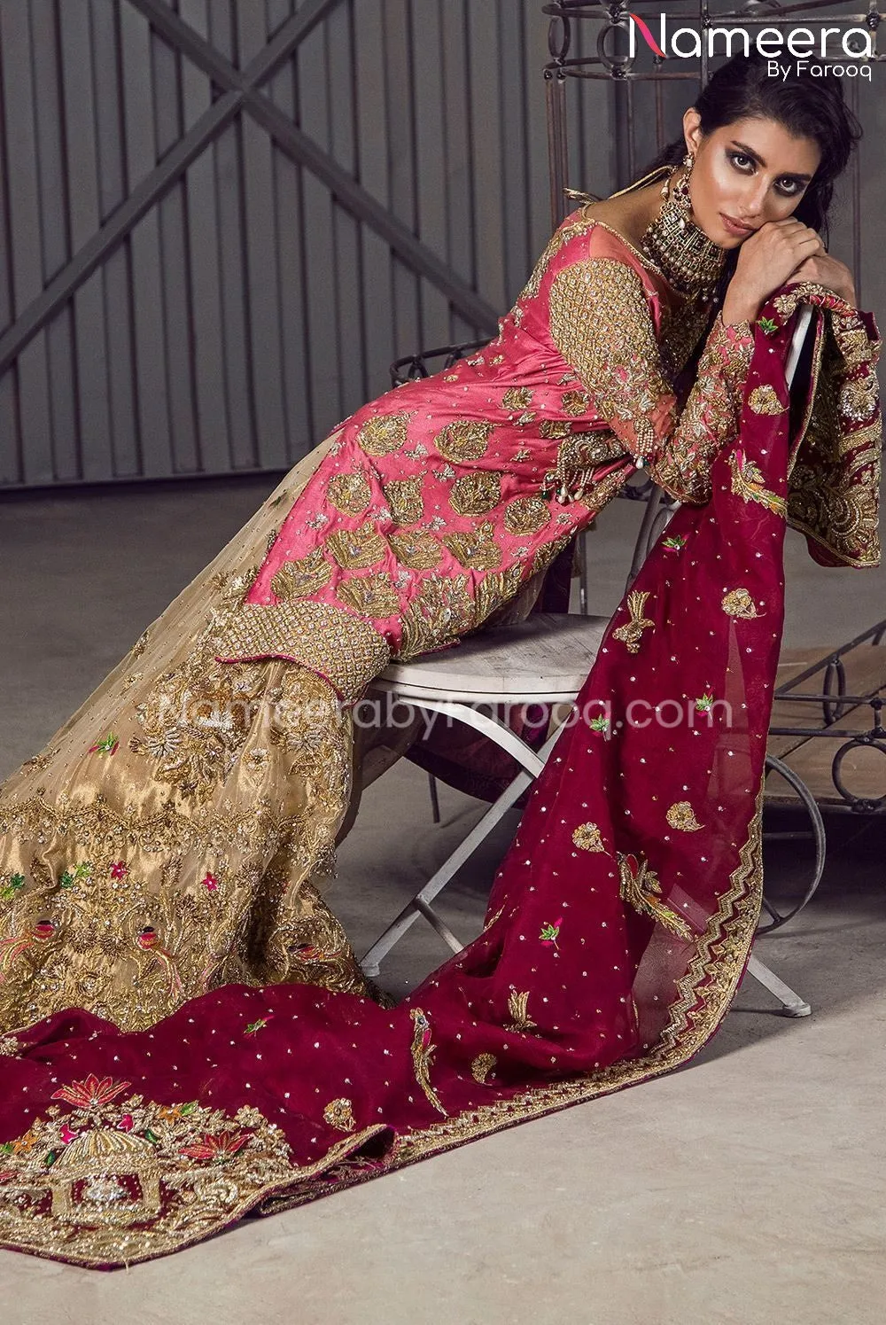 Traditional Gold Bridal Lehenga with Pink Kameez #BS498