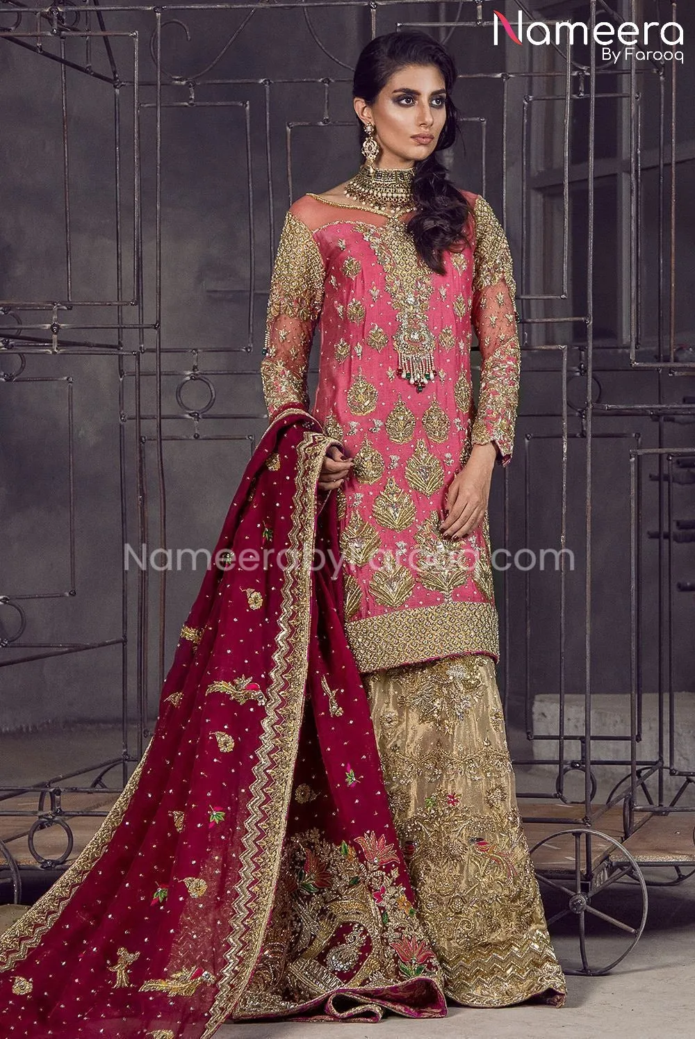 Traditional Gold Bridal Lehenga with Pink Kameez #BS498