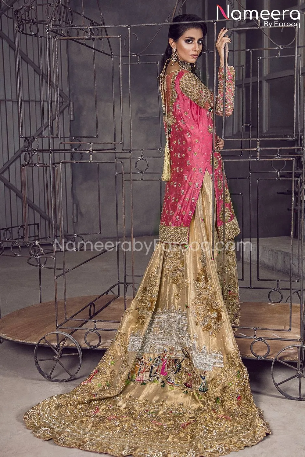 Traditional Gold Bridal Lehenga with Pink Kameez #BS498