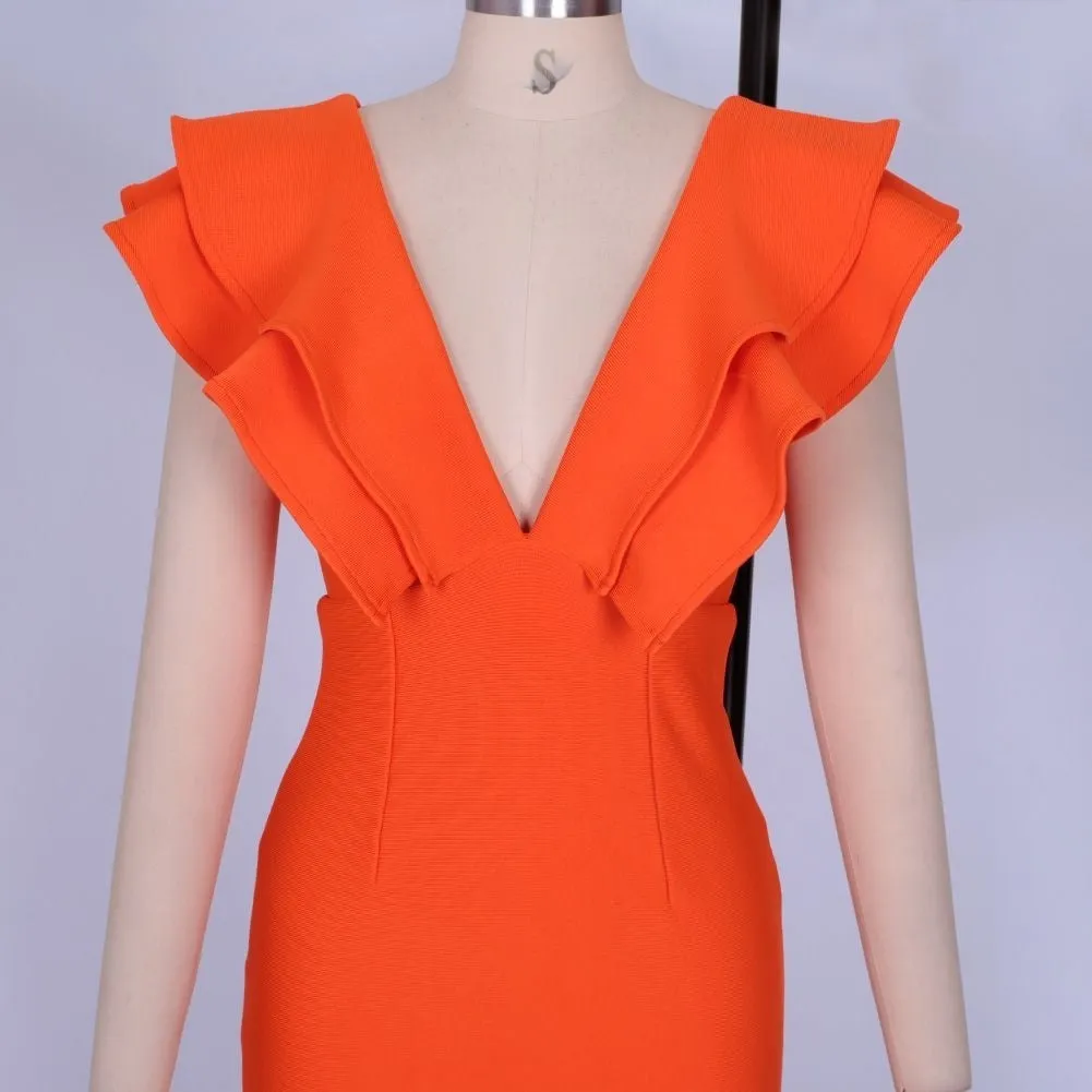 V Neck Sleeveless Frill Over Knee Bandage Dress PM19225