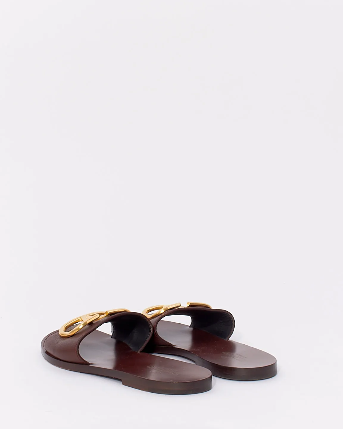 Valentino Brown Leather  V Logo Slide Sandals - 37