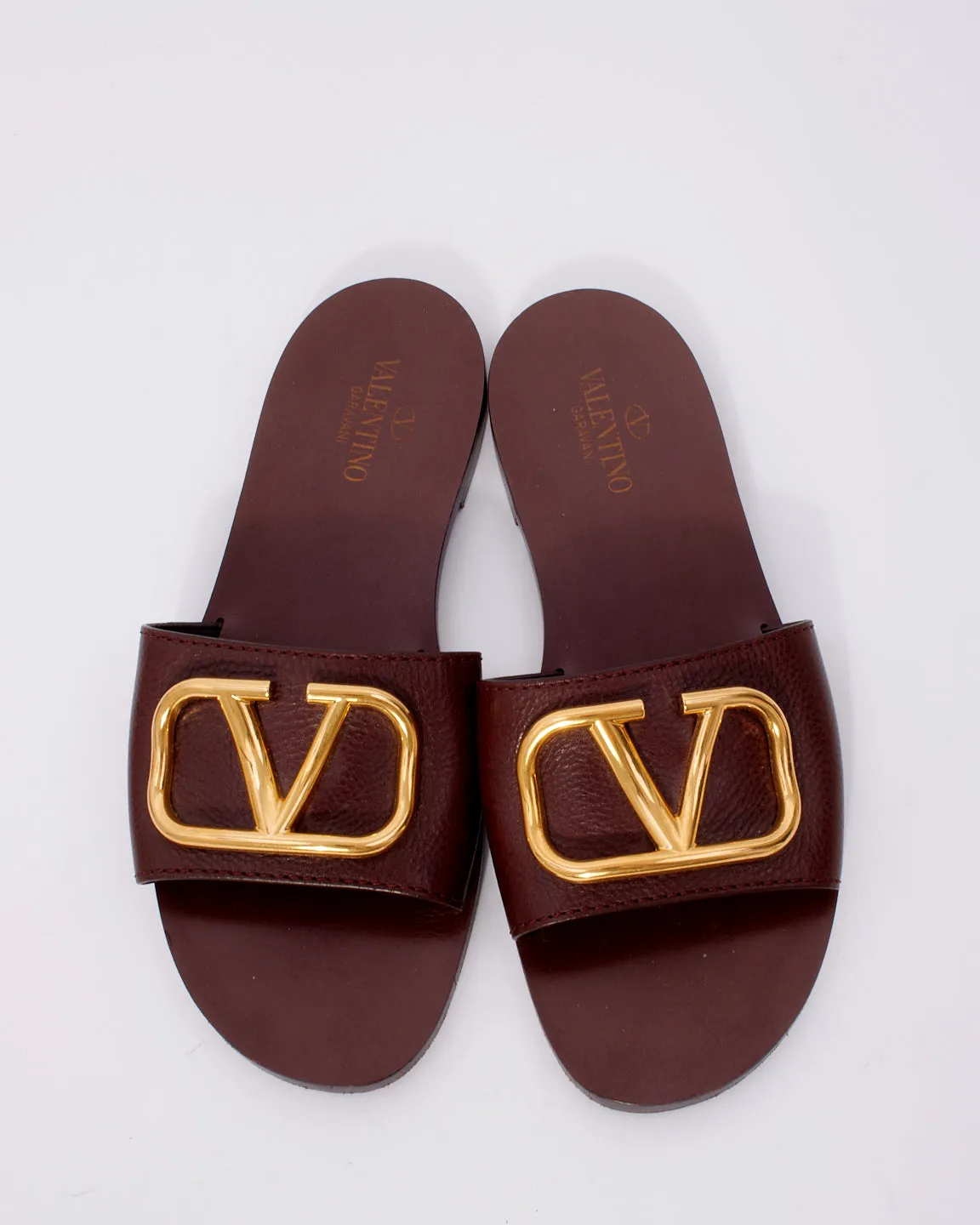 Valentino Brown Leather  V Logo Slide Sandals - 37