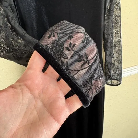 Vintage Black Velvet Maxi Long Dress Sheer Sleeve Whimsigoth Y2K Size 10