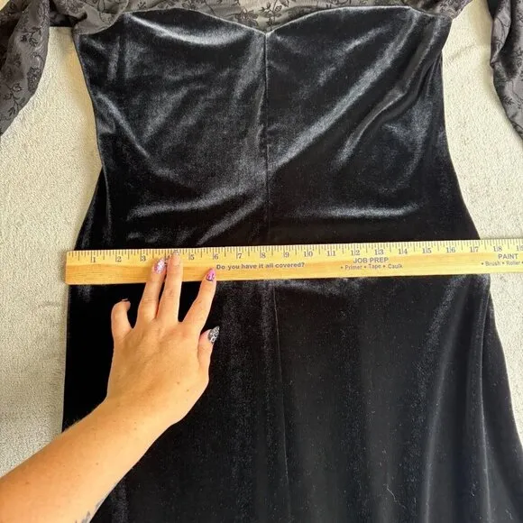 Vintage Black Velvet Maxi Long Dress Sheer Sleeve Whimsigoth Y2K Size 10