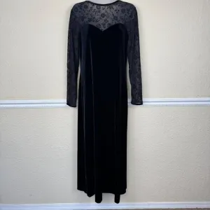Vintage Black Velvet Maxi Long Dress Sheer Sleeve Whimsigoth Y2K Size 10