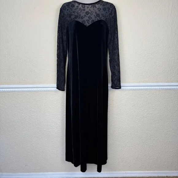Vintage Black Velvet Maxi Long Dress Sheer Sleeve Whimsigoth Y2K Size 10