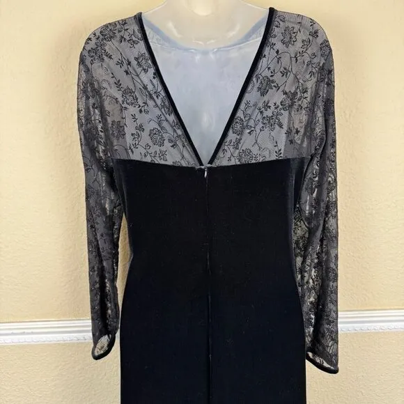 Vintage Black Velvet Maxi Long Dress Sheer Sleeve Whimsigoth Y2K Size 10