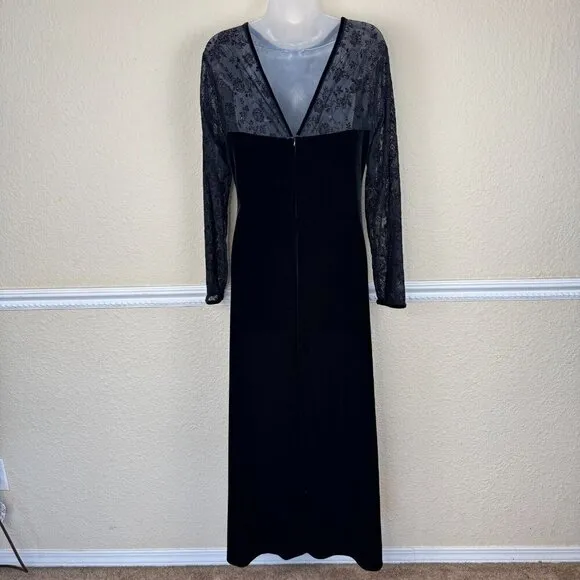 Vintage Black Velvet Maxi Long Dress Sheer Sleeve Whimsigoth Y2K Size 10
