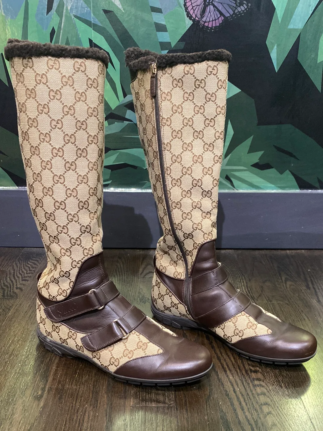 Vintage: Gucci Logo Fabric Print Brown Leather Side Zip High Boots