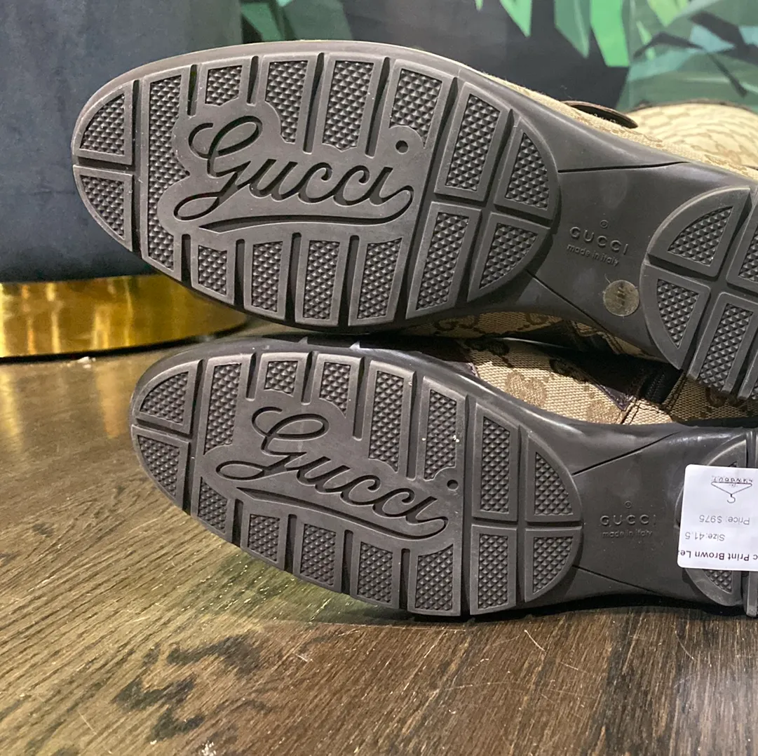 Vintage: Gucci Logo Fabric Print Brown Leather Side Zip High Boots
