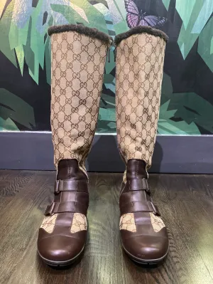 Vintage: Gucci Logo Fabric Print Brown Leather Side Zip High Boots