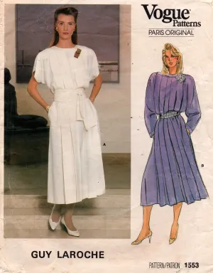 Vogue Paris Original 1553 GUY LAROCHE Womens Pleated Drop Waist Dress 1980s Vintage Sewing Pattern Size 14 Bust 36 inches