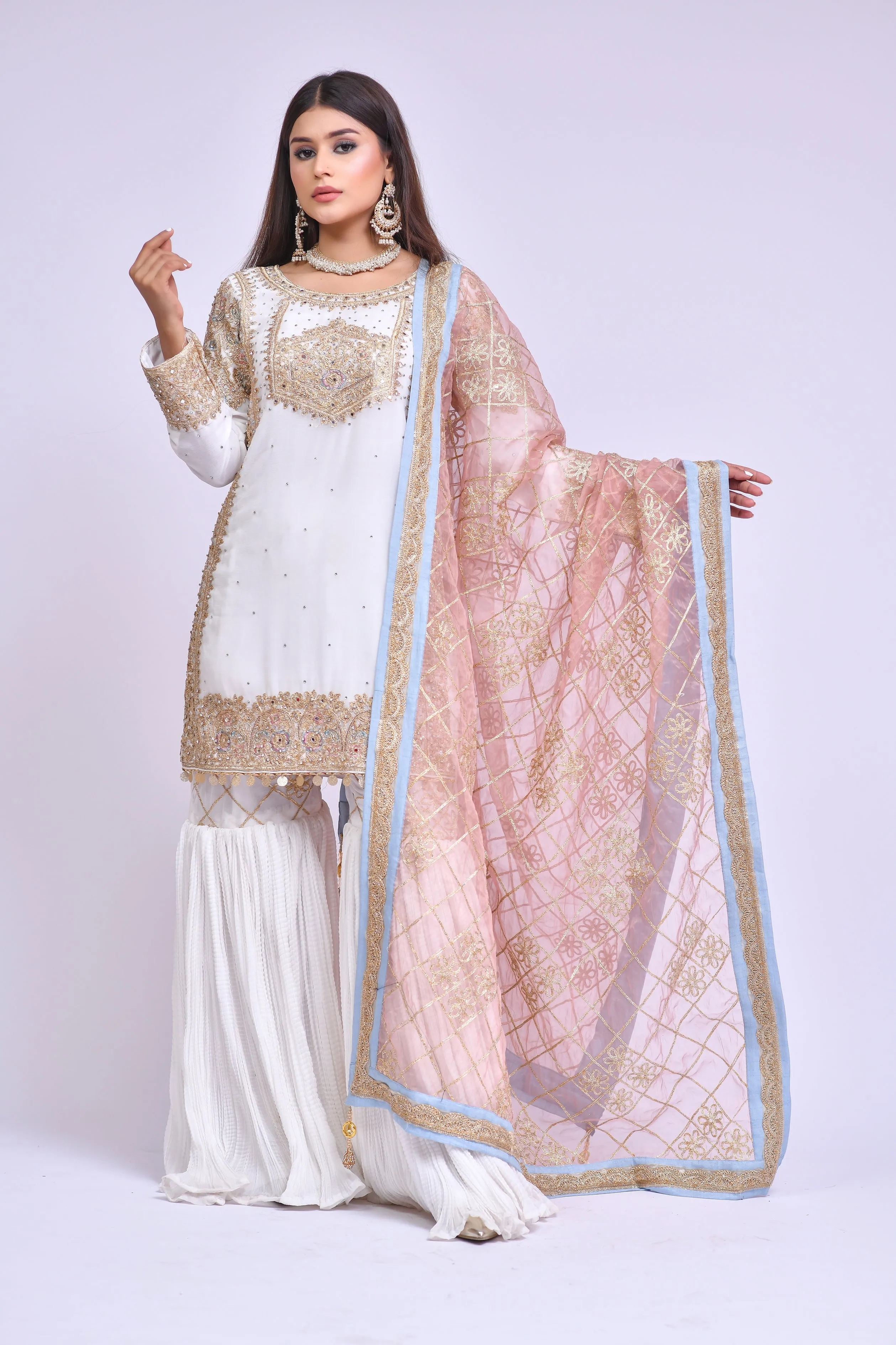 White Gharara Kameez Pakistani Eid Dress in Chiffon