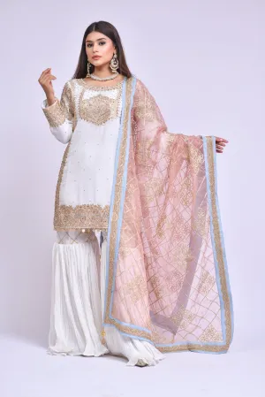 White Gharara Kameez Pakistani Eid Dress in Chiffon