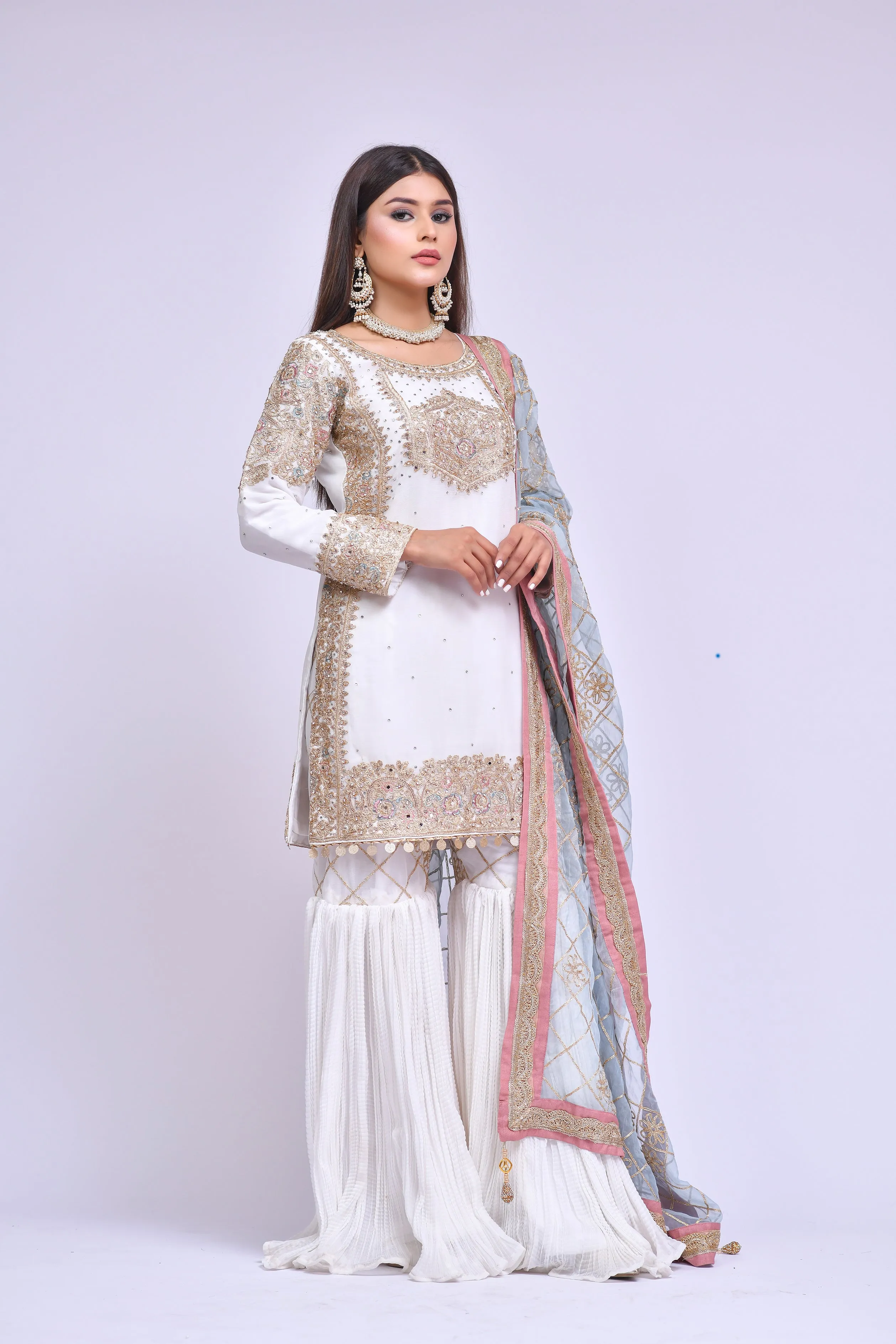 White Gharara Kameez Pakistani Eid Dress in Chiffon