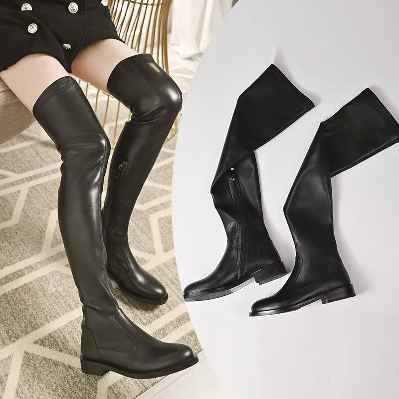 Women Over-the-knee boots natural leather cowhide upper elastic boots