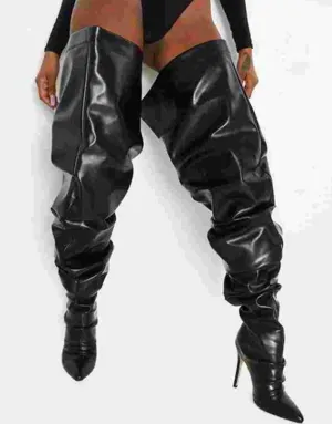 Women Wide Calf Slouchy Thigh High Boots Pointed Toe High Heel Shoes