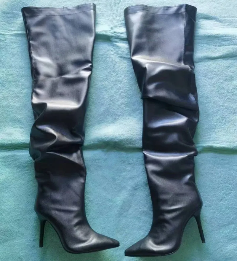 Women Wide Calf Slouchy Thigh High Boots Pointed Toe High Heel Shoes