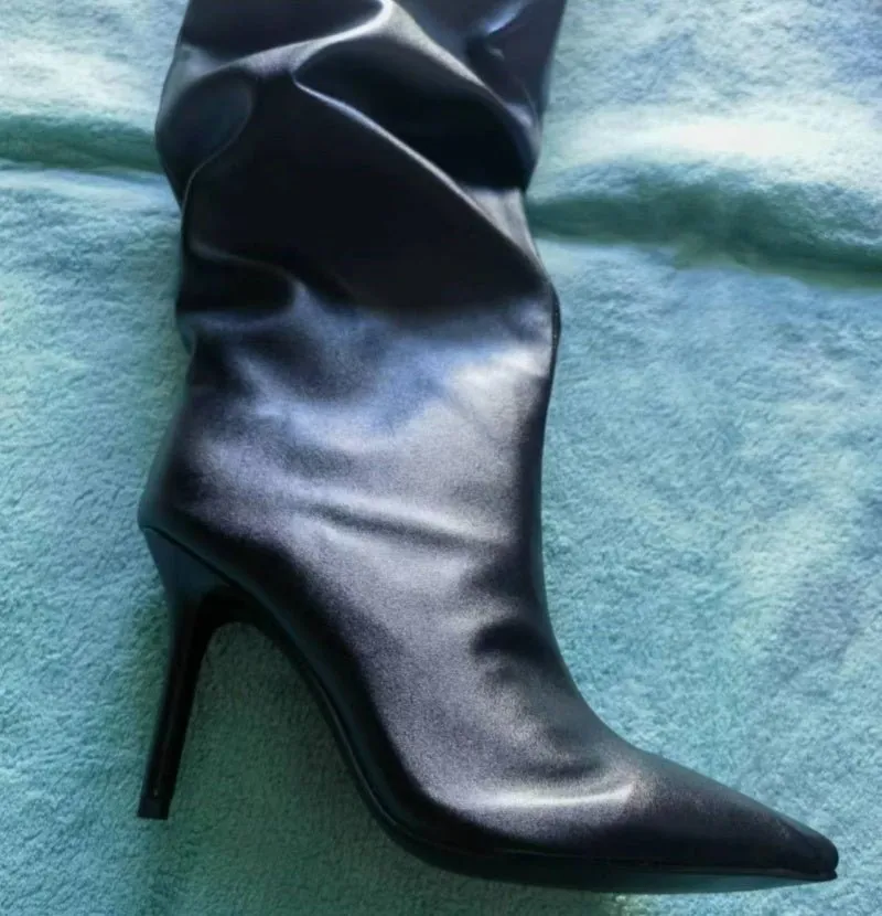 Women Wide Calf Slouchy Thigh High Boots Pointed Toe High Heel Shoes