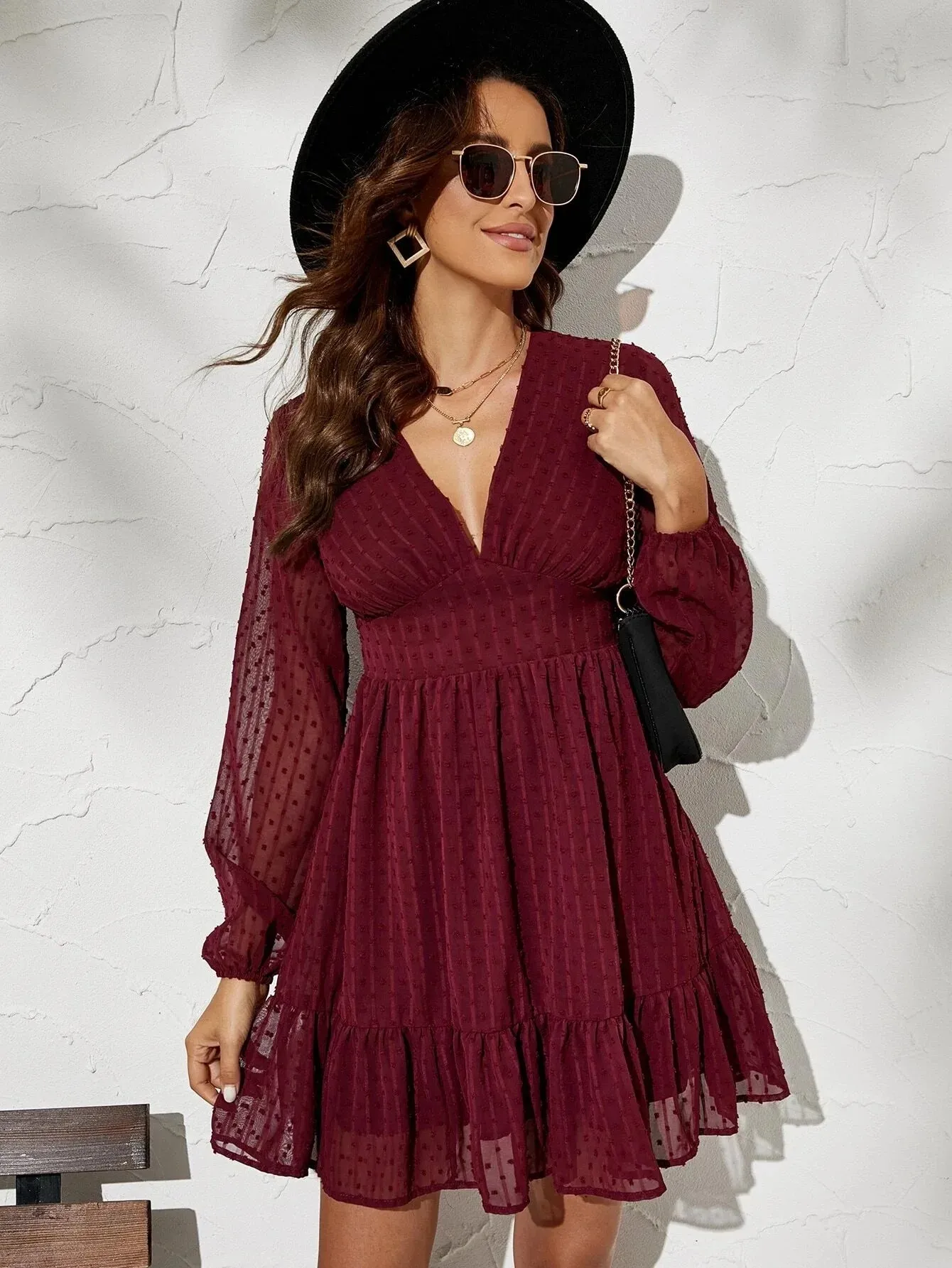 Women's Elegant Long Sleeve Mini Dress V-Neck High Waist  Chiffon Casual Fashion Ruffles Dresses