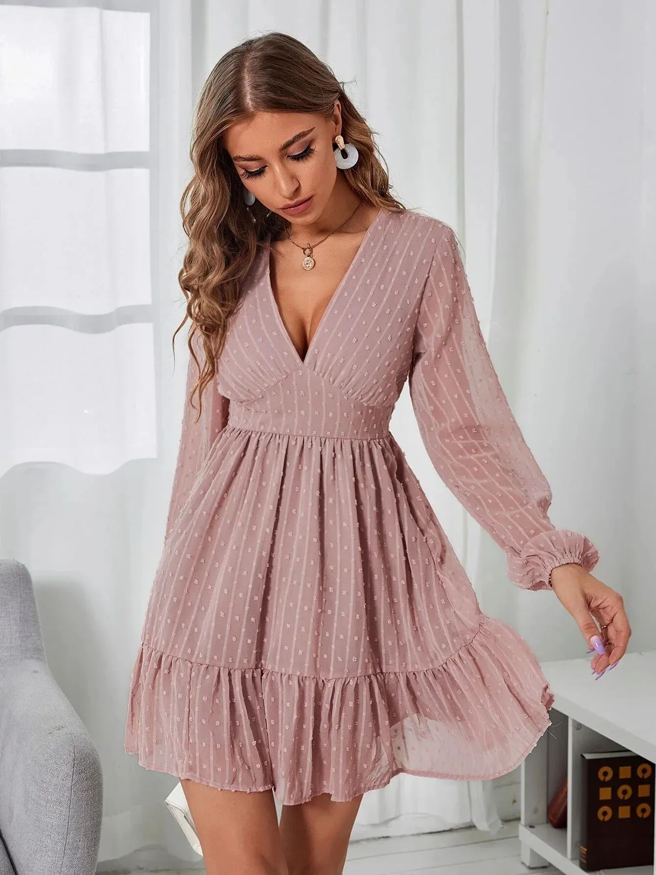 Women's Elegant Long Sleeve Mini Dress V-Neck High Waist  Chiffon Casual Fashion Ruffles Dresses