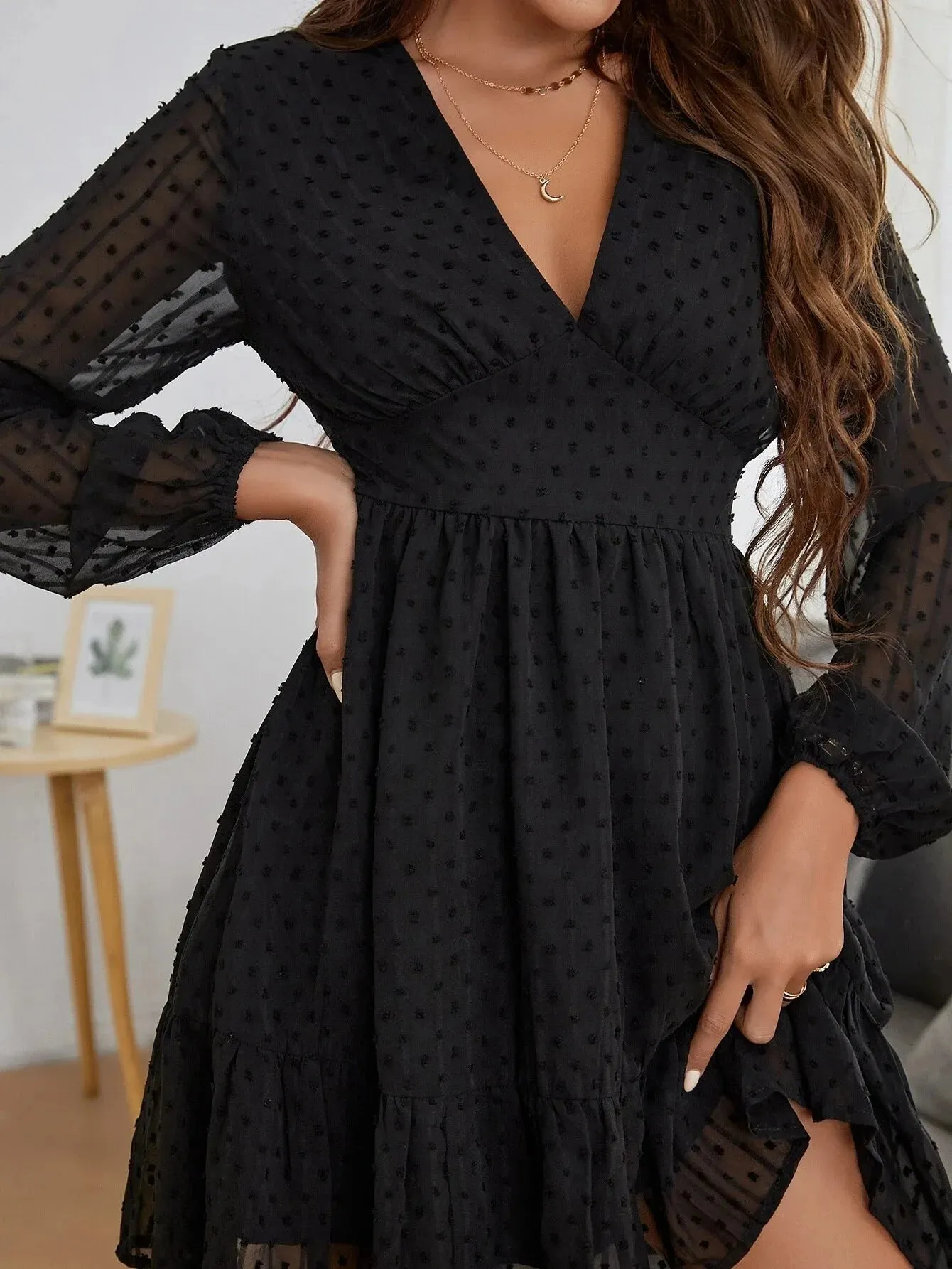 Women's Elegant Long Sleeve Mini Dress V-Neck High Waist  Chiffon Casual Fashion Ruffles Dresses