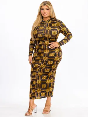 WOMEN'S LONG SLEEVE MOCK NECK BODYCON PRINTED MAXI DRESS