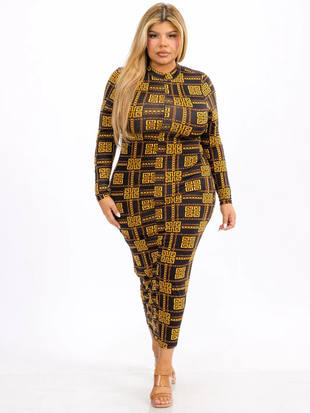 WOMEN'S LONG SLEEVE MOCK NECK BODYCON PRINTED MAXI DRESS