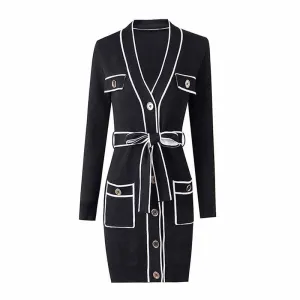 Women's Rib Knit Tie Waist Midi Dress Black Knit Cardigan