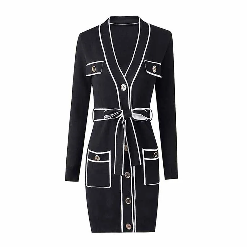Women's Rib Knit Tie Waist Midi Dress Black Knit Cardigan