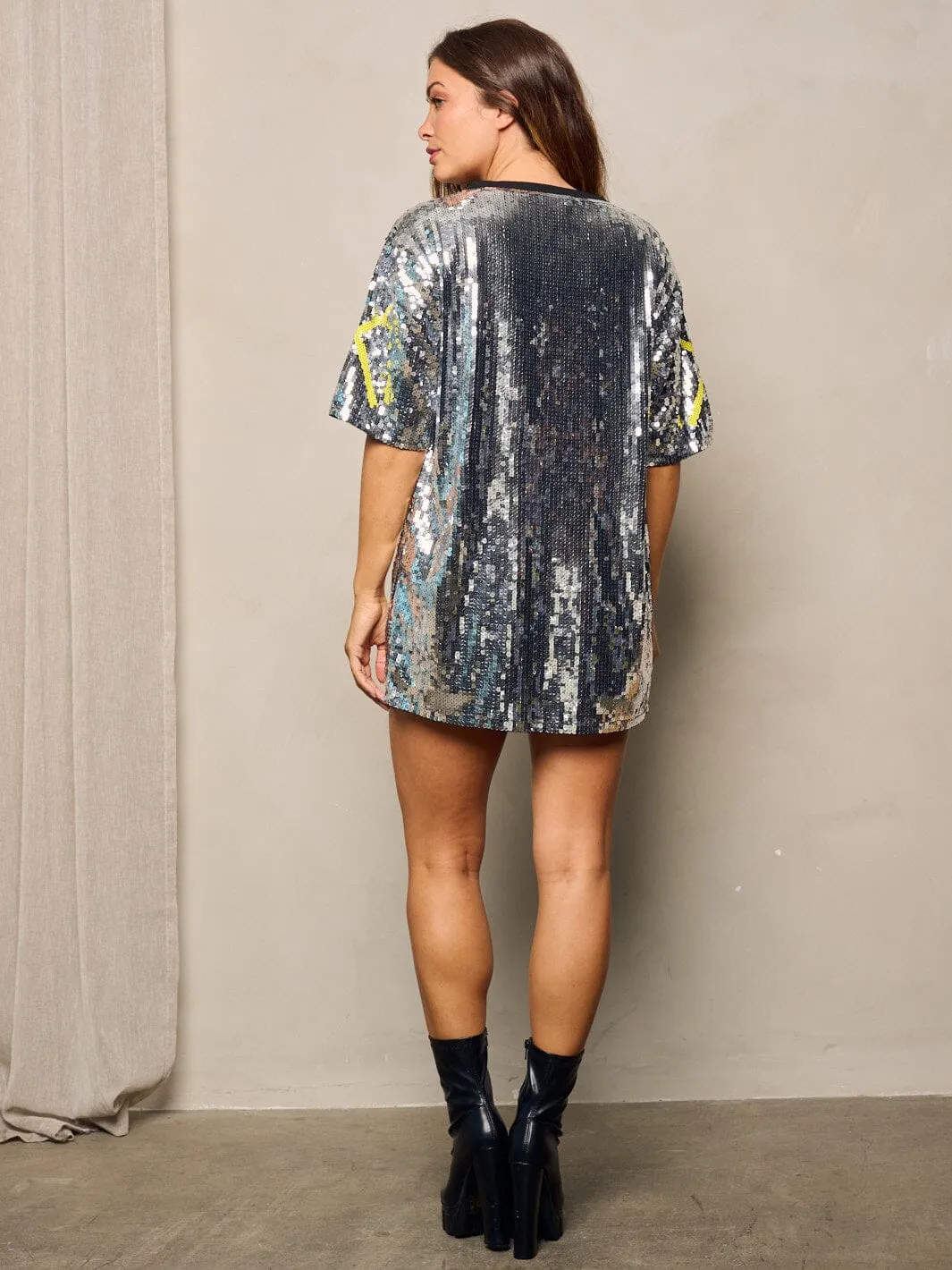 WOMEN'S SHORT SLEEVES GRAPHIC SEQUINS TUNIC MINI DRESS
