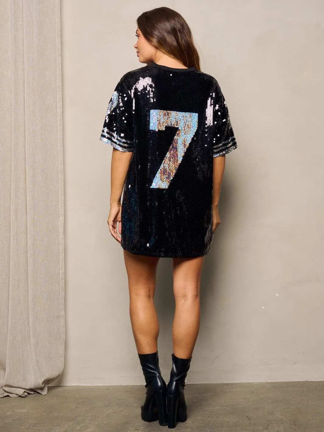 WOMEN'S SHORT SLEEVES GRAPHIC SEQUINS TUNIC MINI DRESS