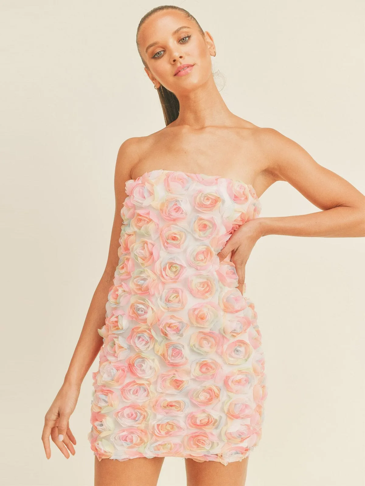 WOMEN'S SLEEVELESS FLOWERS DETAILED TUBE MINI DRESS