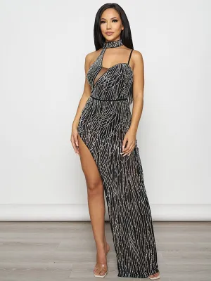 WOMEN'S SLEEVELESS HALTER NECK SIDE SLIT BODYCON STUDS MAXI DRESS