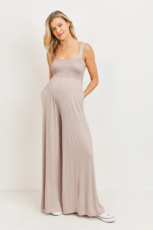 Women's taupe rayon square neck maternity & postnatal long jumpsuit with side pockets