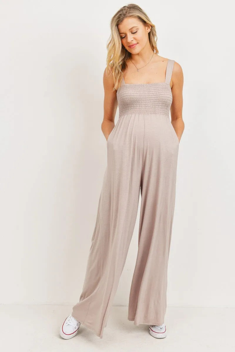 Women's taupe rayon square neck maternity & postnatal long jumpsuit with side pockets